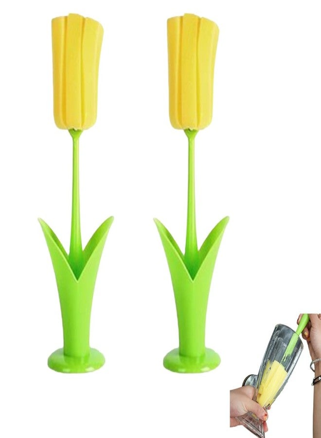 Beufee 2PCS Bottle Brush, Tulip Shape Sponge Cleaning Brush with Holder Long Handle Cup Cleaner Brush Water Bottle Sponge for Kitchen Dishes (Yellow) - Image 1